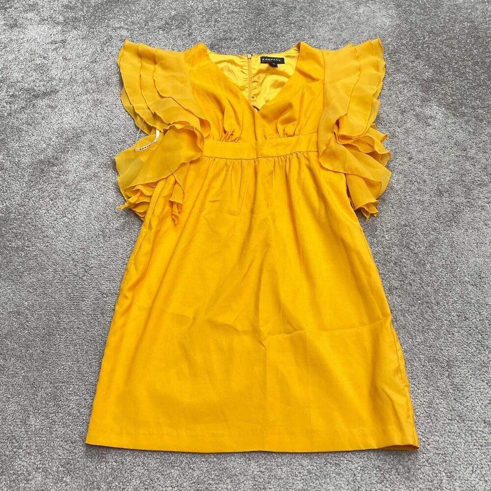 Rampage Flutter Ruffles Midi Sheath Dress Womens XS Golden Yellow V-Neck Lined